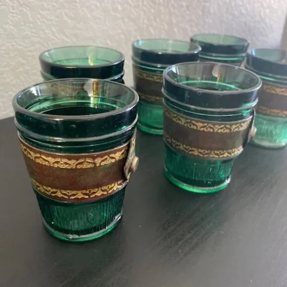 RARE! Vintage 60s MCM Emerald Green Leather Banded Tumbler Glasses Set of 6 - Picture 11 of 14